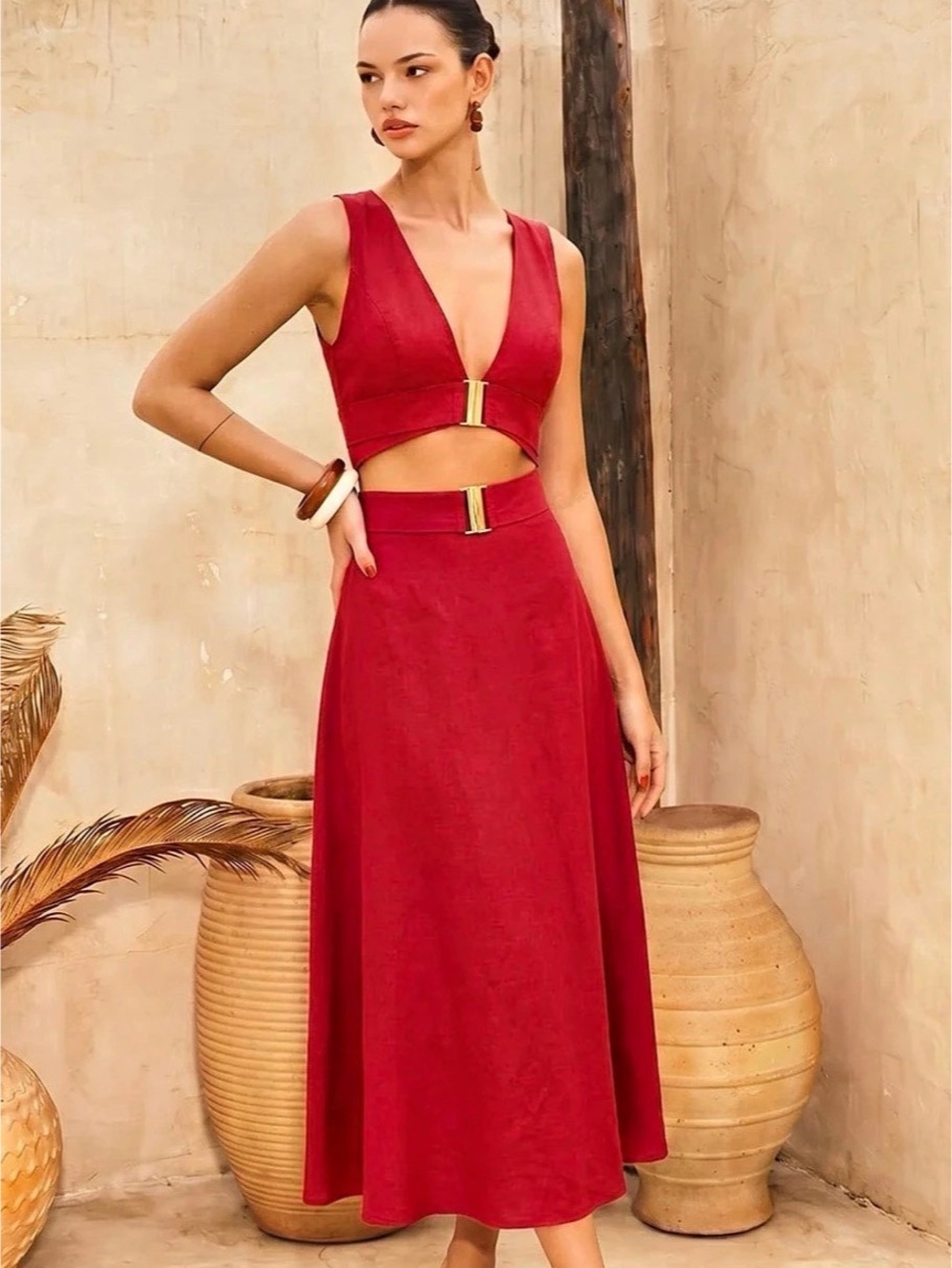 Cutout Sleeveless Cotton Linen Maxi Dress